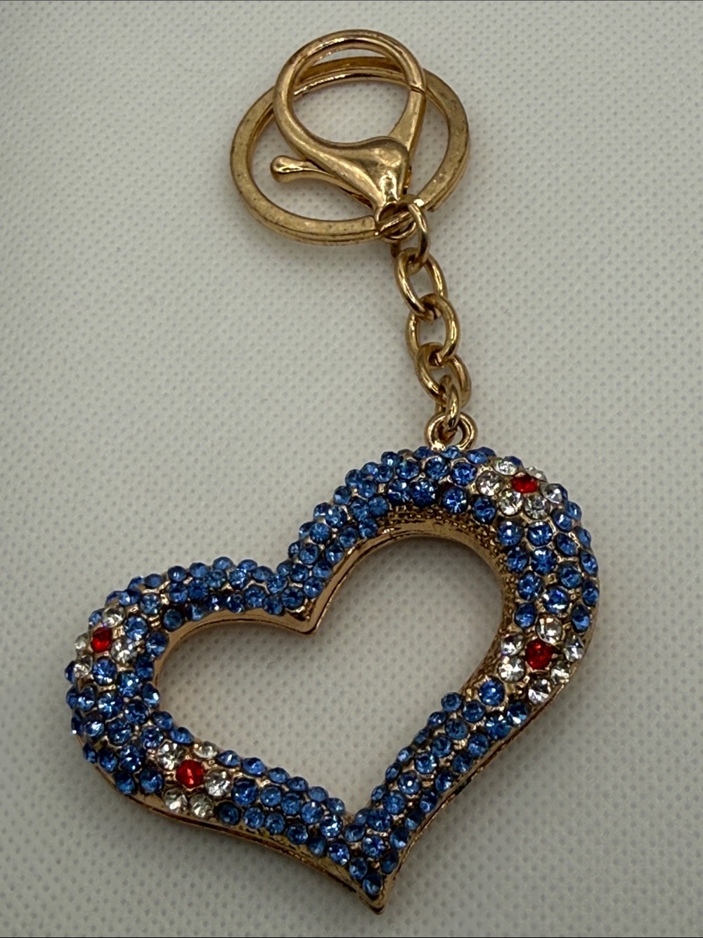 Gold Heart Keychain with Blue Crystal Accents red white blue bag charm